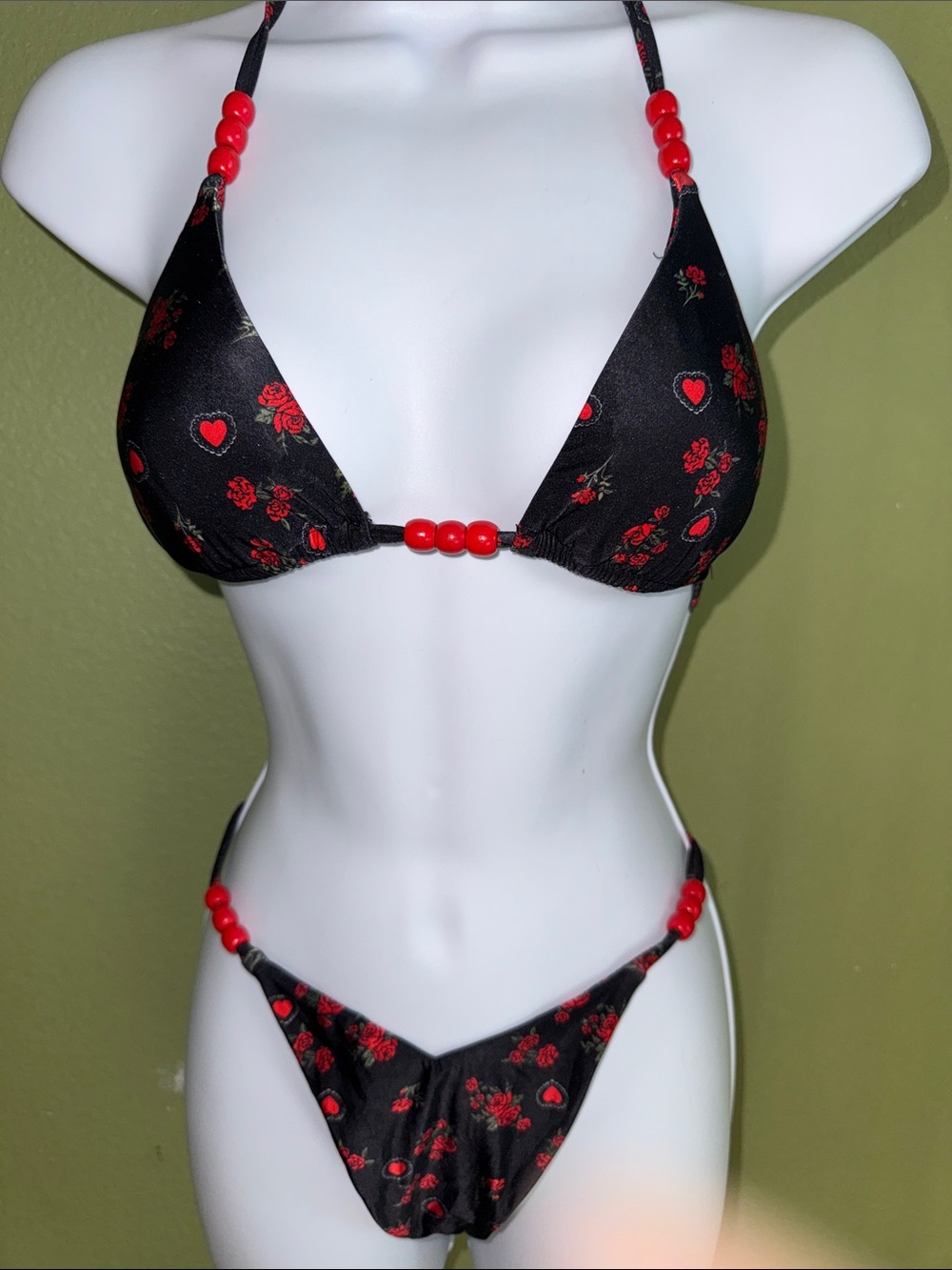 Women’s Black & Red Floral String Bikini — Two-Piece Swimset